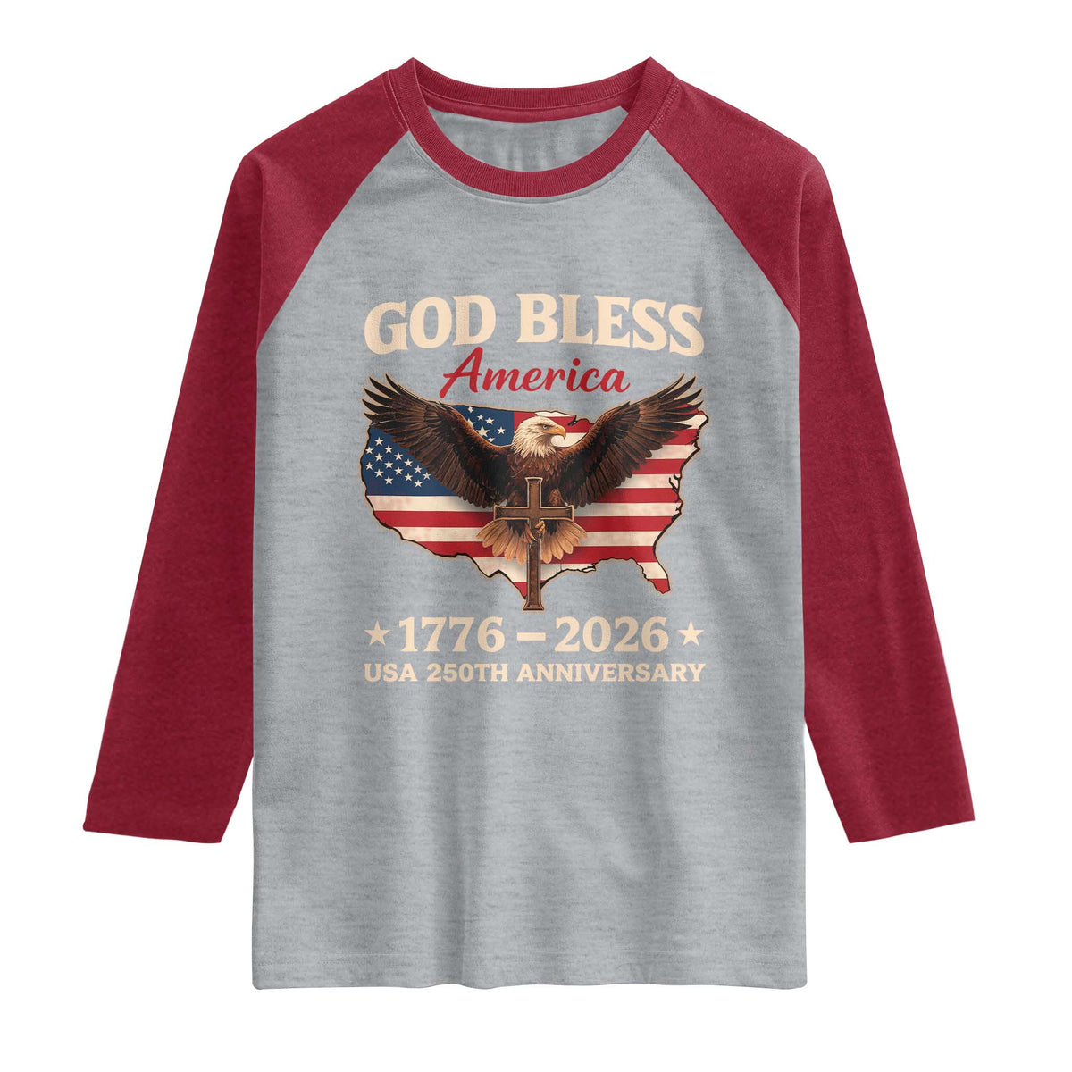 God Bless America 250th Anniversary Raglan Shirt 250 Years USA 4th Of July TS10 Heather Gray Heather Red Print Your Wear