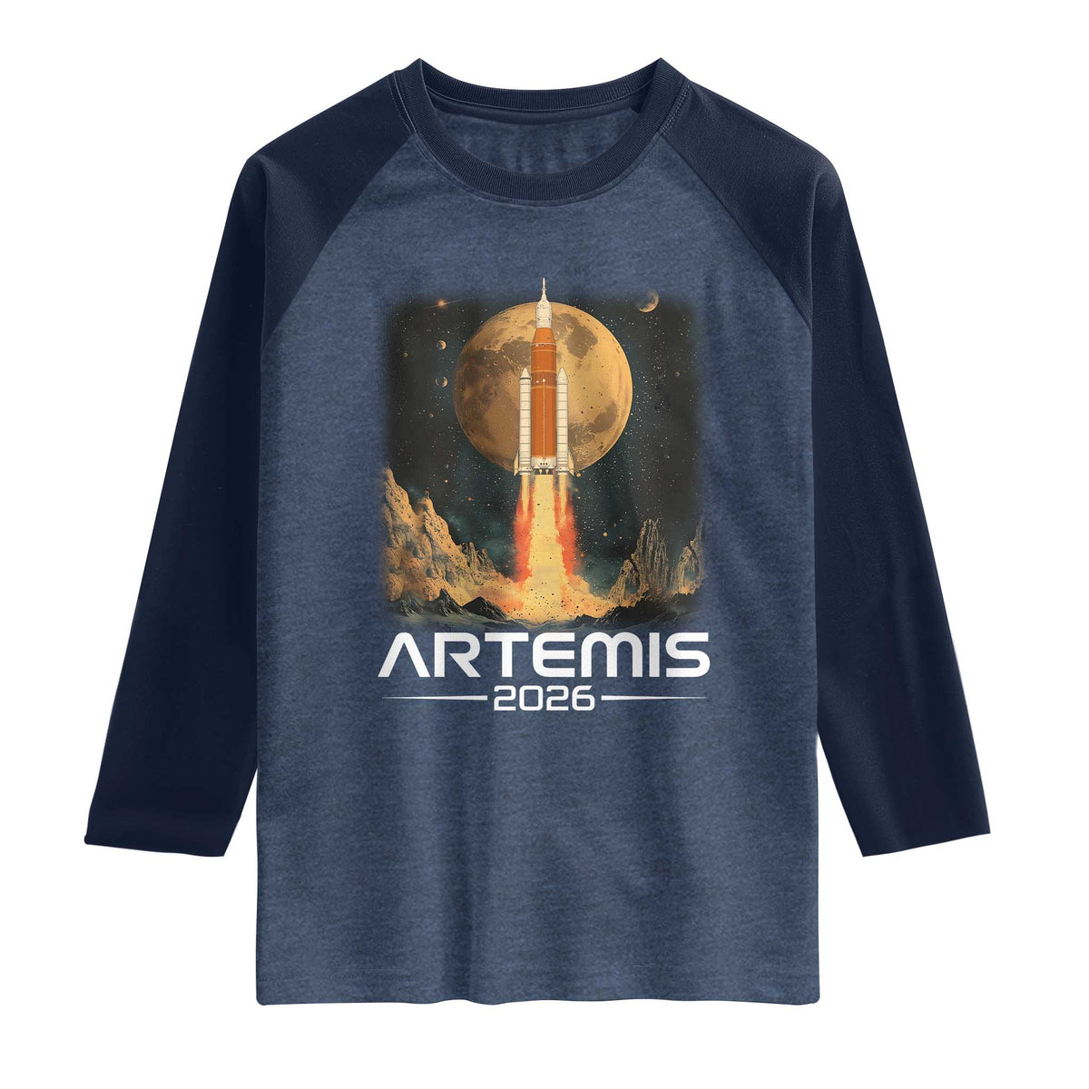 Launch To The Moon Mission Raglan Shirt TS10 Heather Denim Navy Print Your Wear