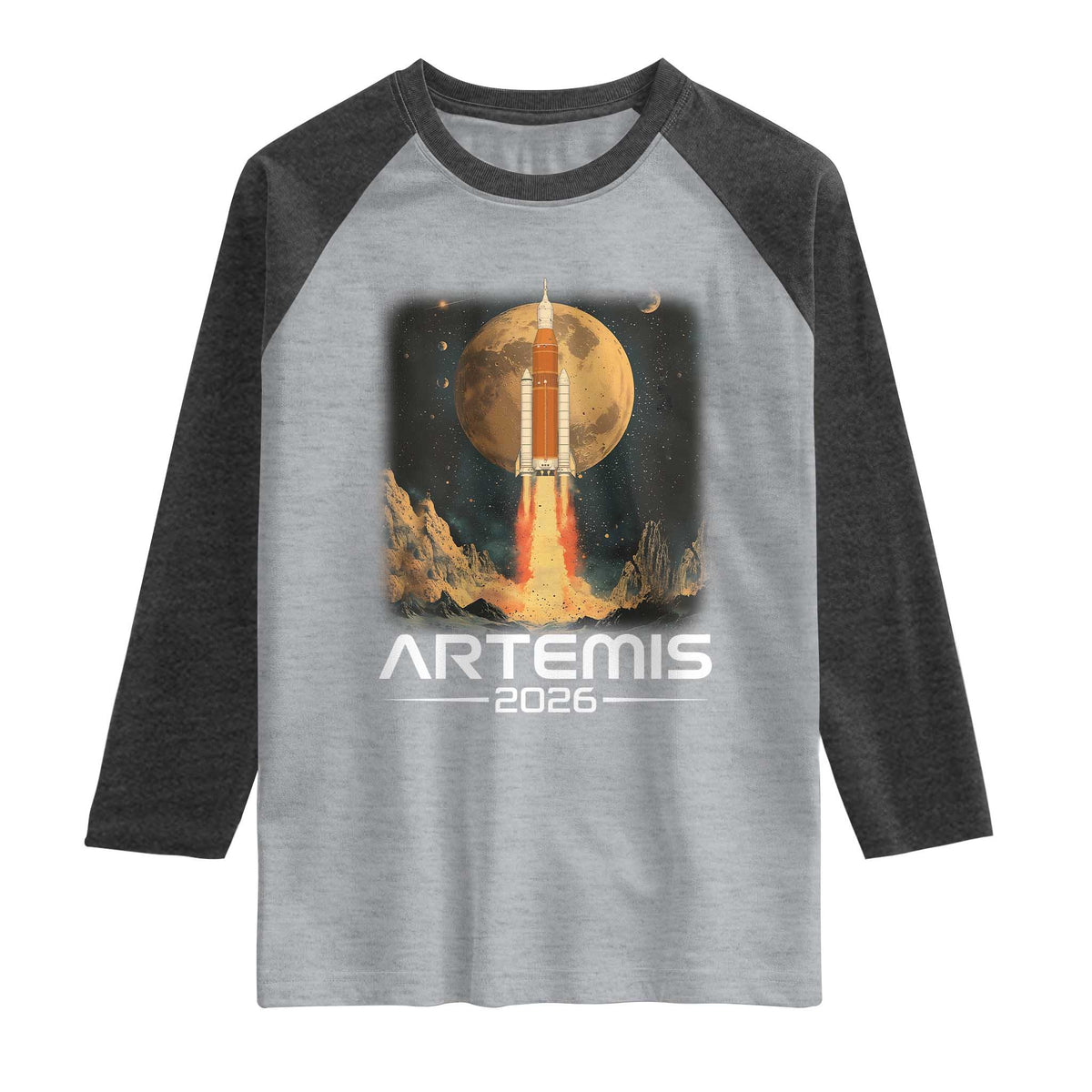 Launch To The Moon Mission Raglan Shirt TS10 Heather Gray Heather Charcoal Print Your Wear
