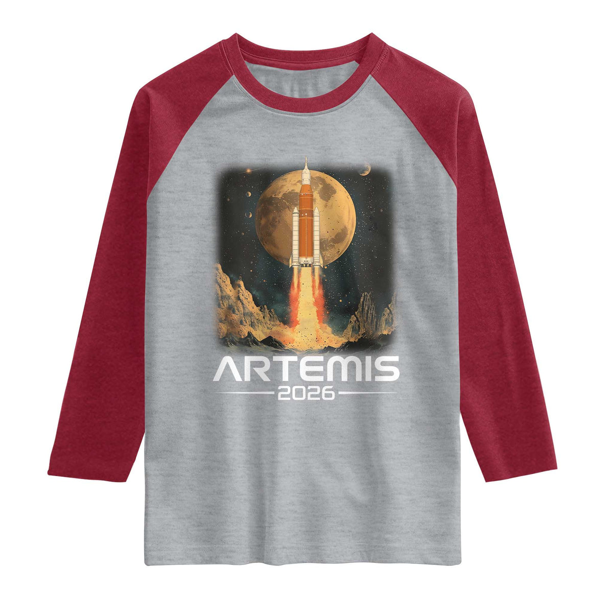 Launch To The Moon Mission Raglan Shirt TS10 Heather Gray Heather Red Print Your Wear