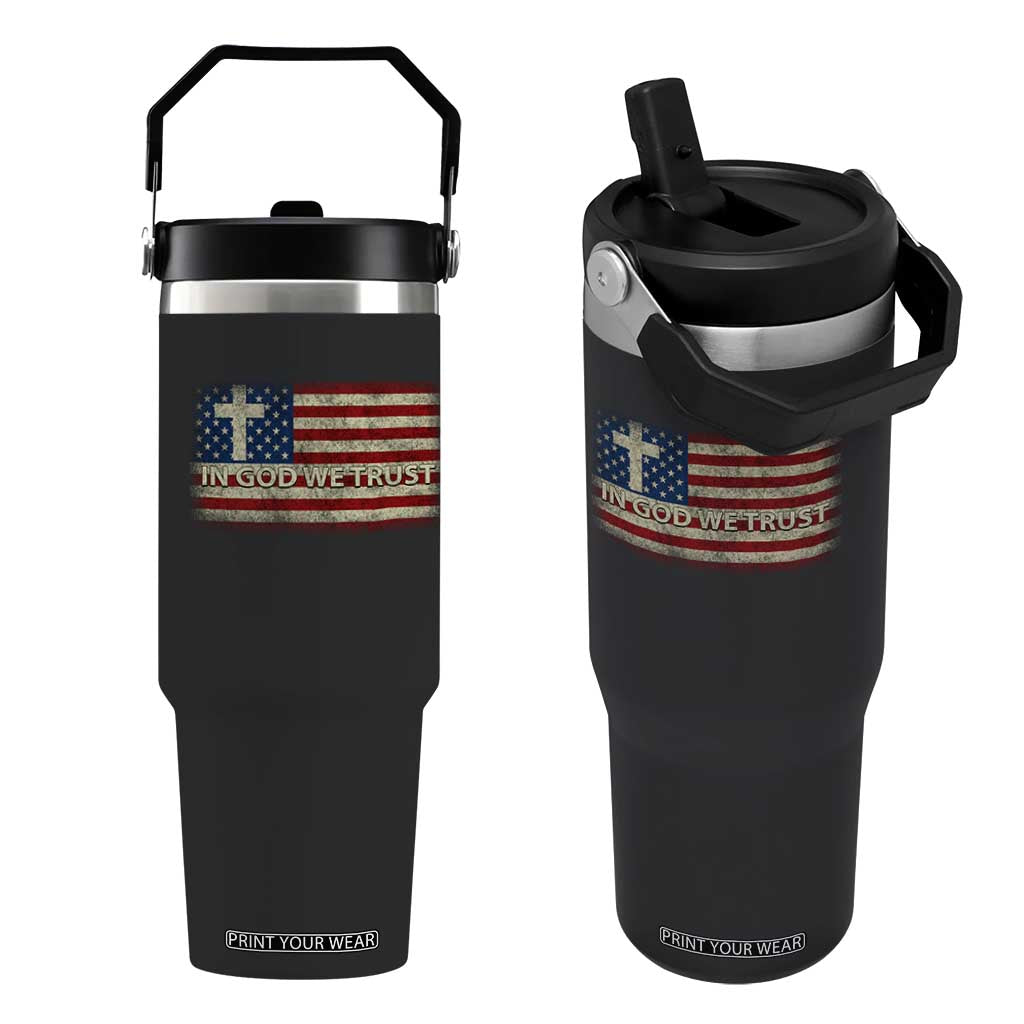 In God We Trust Christian US Flag Flip Straw Tumbler TS10 One Size: 30 oz Black Print Your Wear