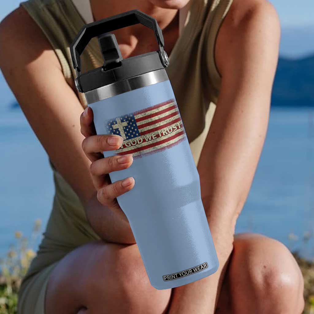 In God We Trust Christian US Flag Flip Straw Tumbler TS10 One Size: 30 oz Light Blue Print Your Wear