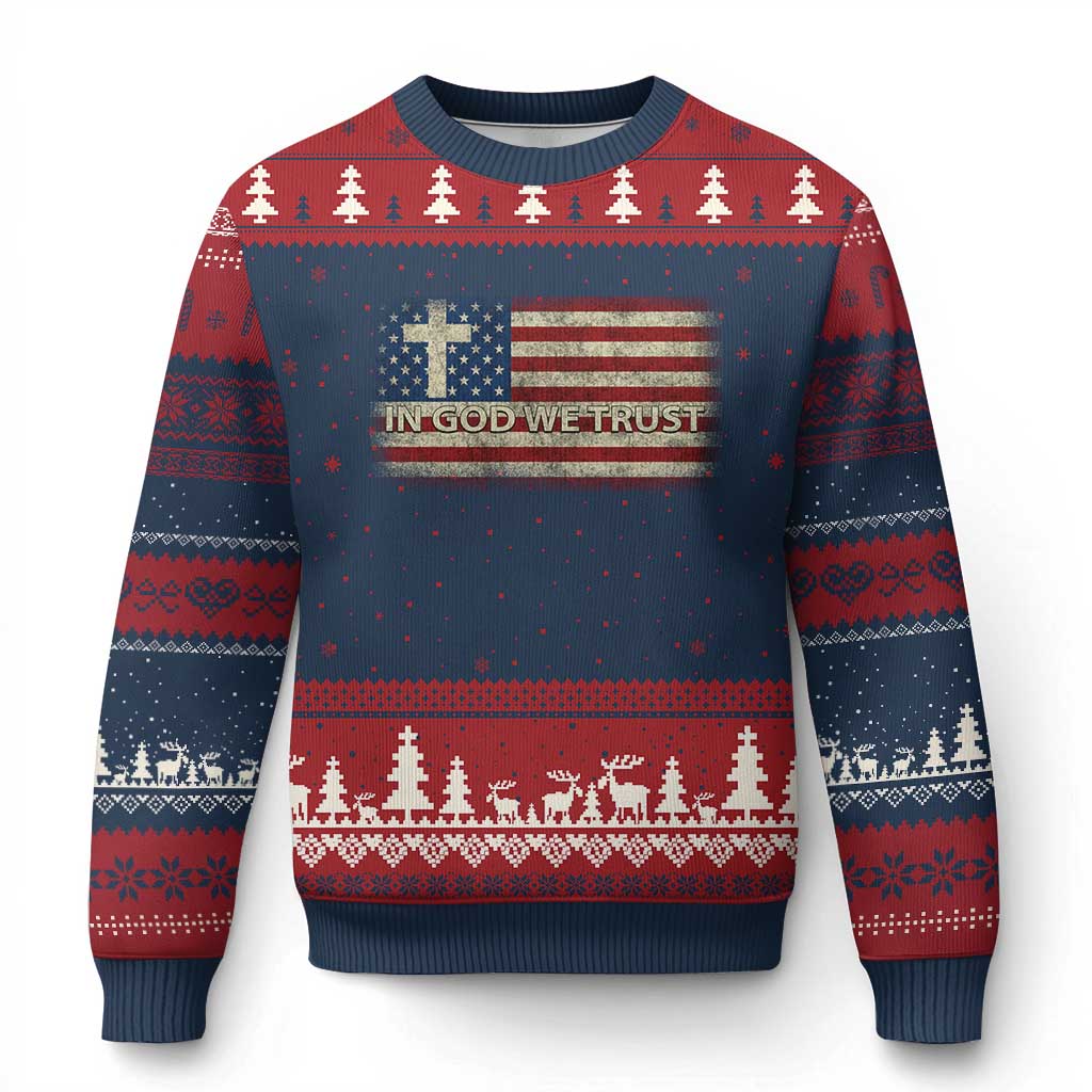 In God We Trust Christian US Flag Ugly Christmas Sweater TS10 Navy Red Print Your Wear