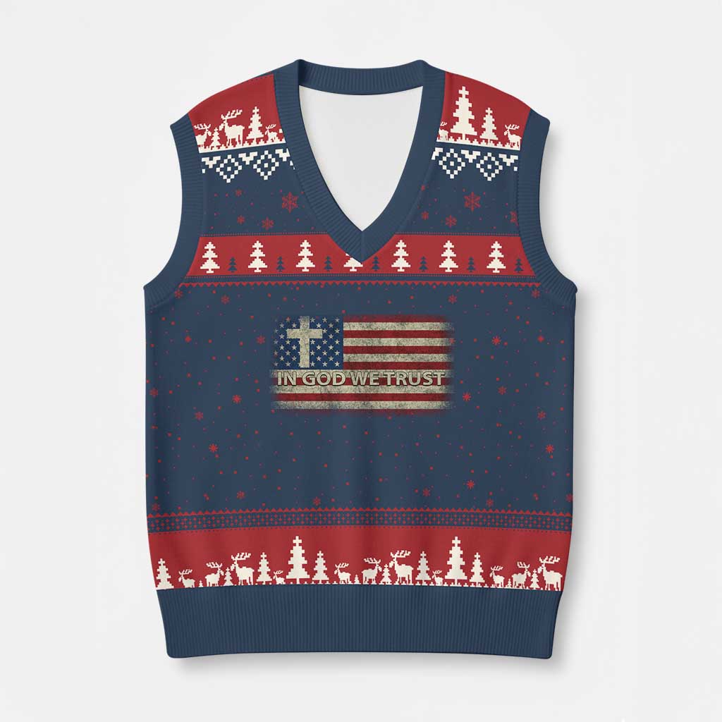 In God We Trust Christian US Flag V-Neck Knit Sweater Vest TS10 Navy Red Print Your Wear