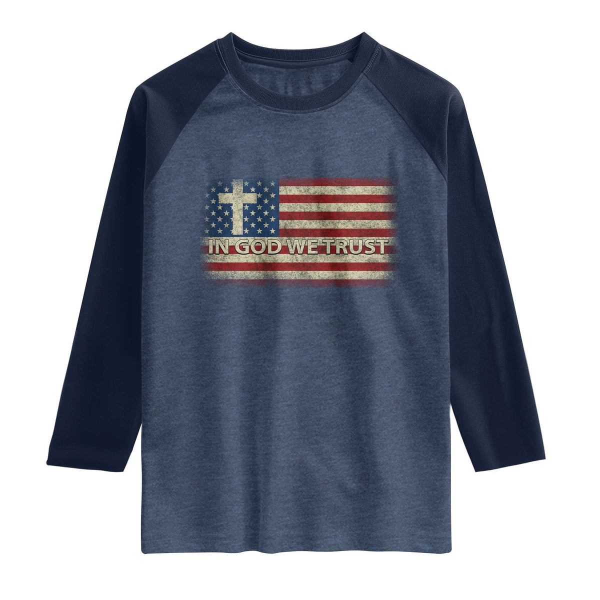 In God We Trust Christian US Flag Raglan Shirt TS10 Heather Denim Navy Print Your Wear