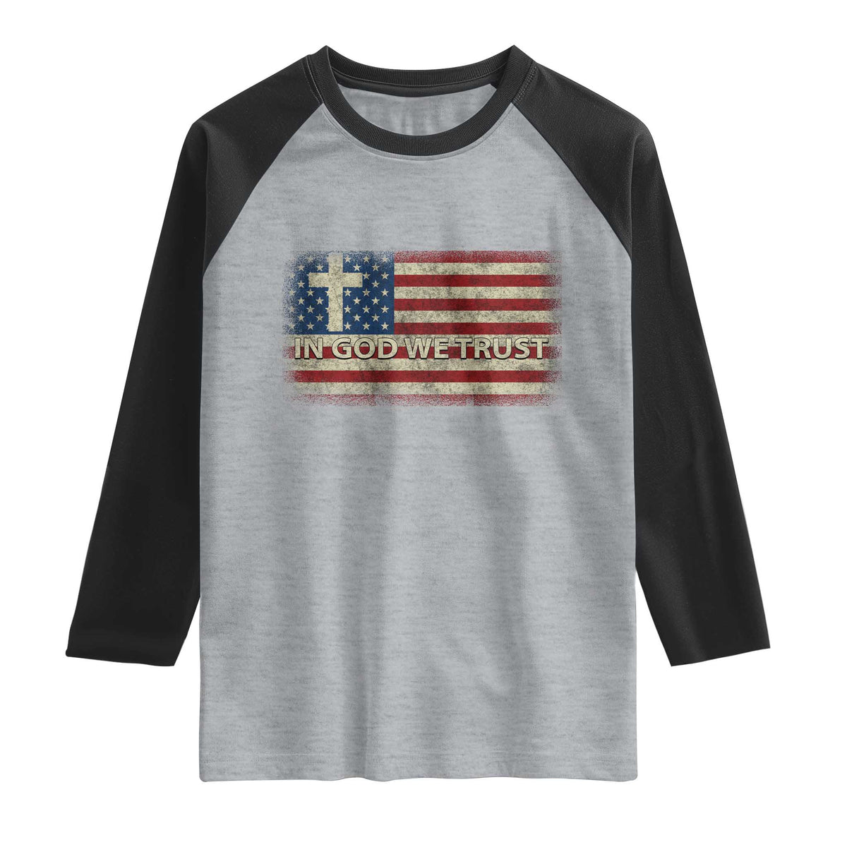 In God We Trust Christian US Flag Raglan Shirt TS10 Heather Gray Black Print Your Wear