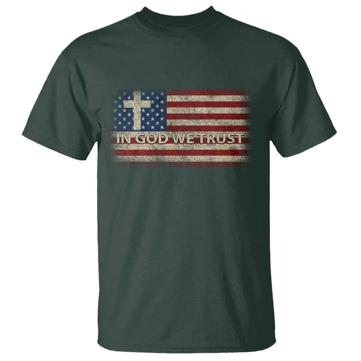 In God We Trust Christian US Flag T Shirt TS10 Dark Forest Green Print Your Wear