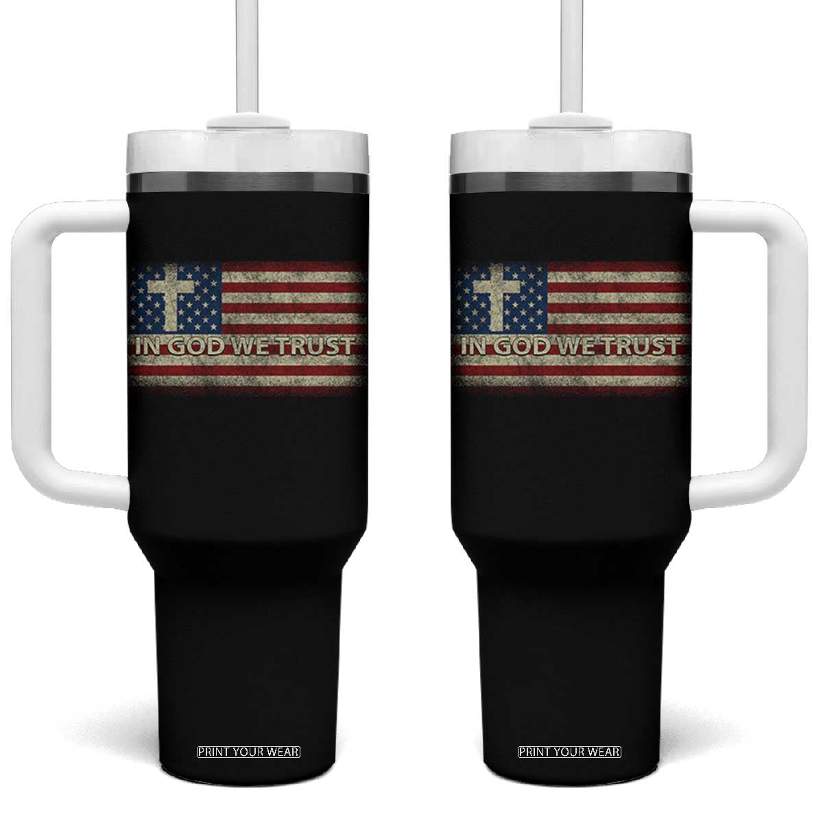In God We Trust Christian US Flag Tumbler With Handle TS10 One Size: 40 oz Black Print Your Wear