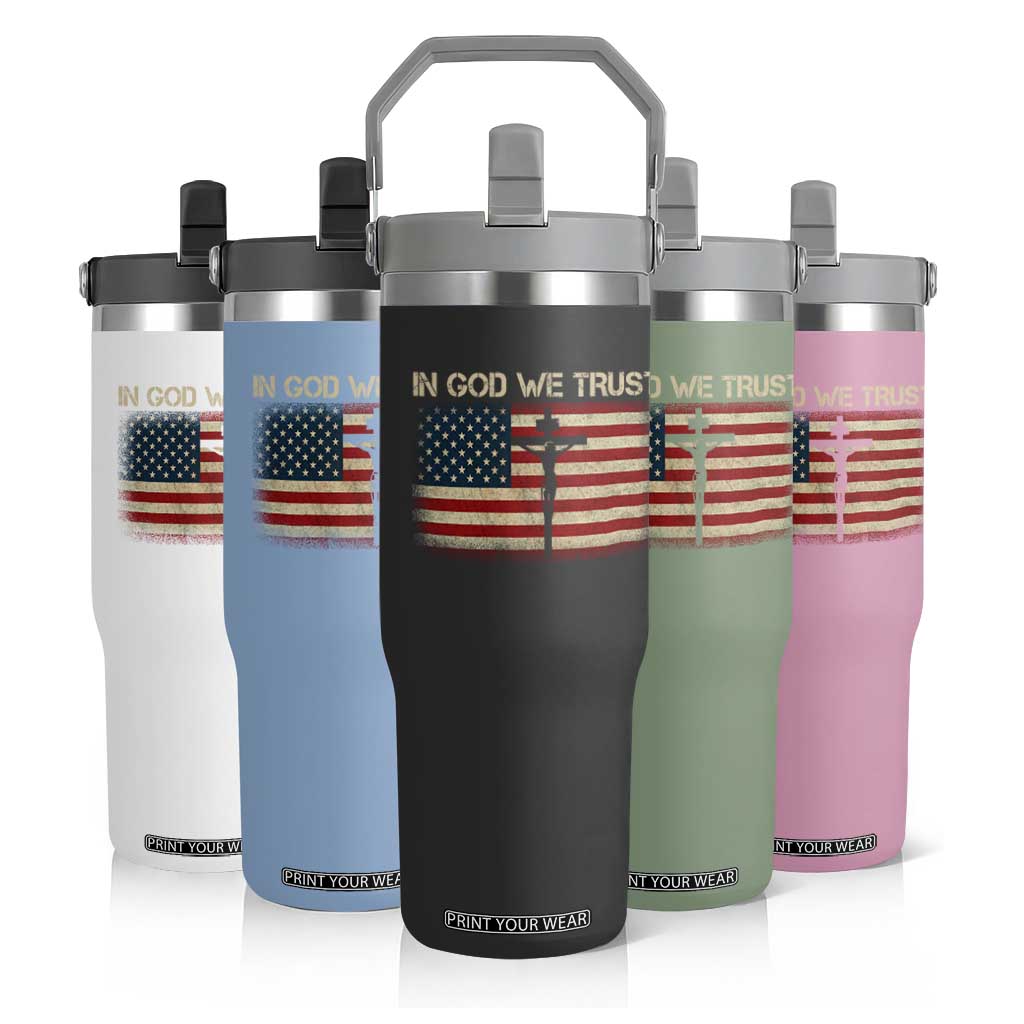 Christian USA Flag Flip Straw Tumbler American Christ Faith Cross Patriotic In God We Trust TS10 Print Your Wear