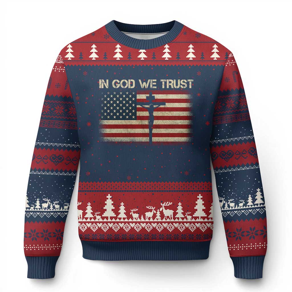 Christian USA Flag Ugly Christmas Sweater American Christ Faith Cross Patriotic In God We Trust TS10 Navy Red Print Your Wear