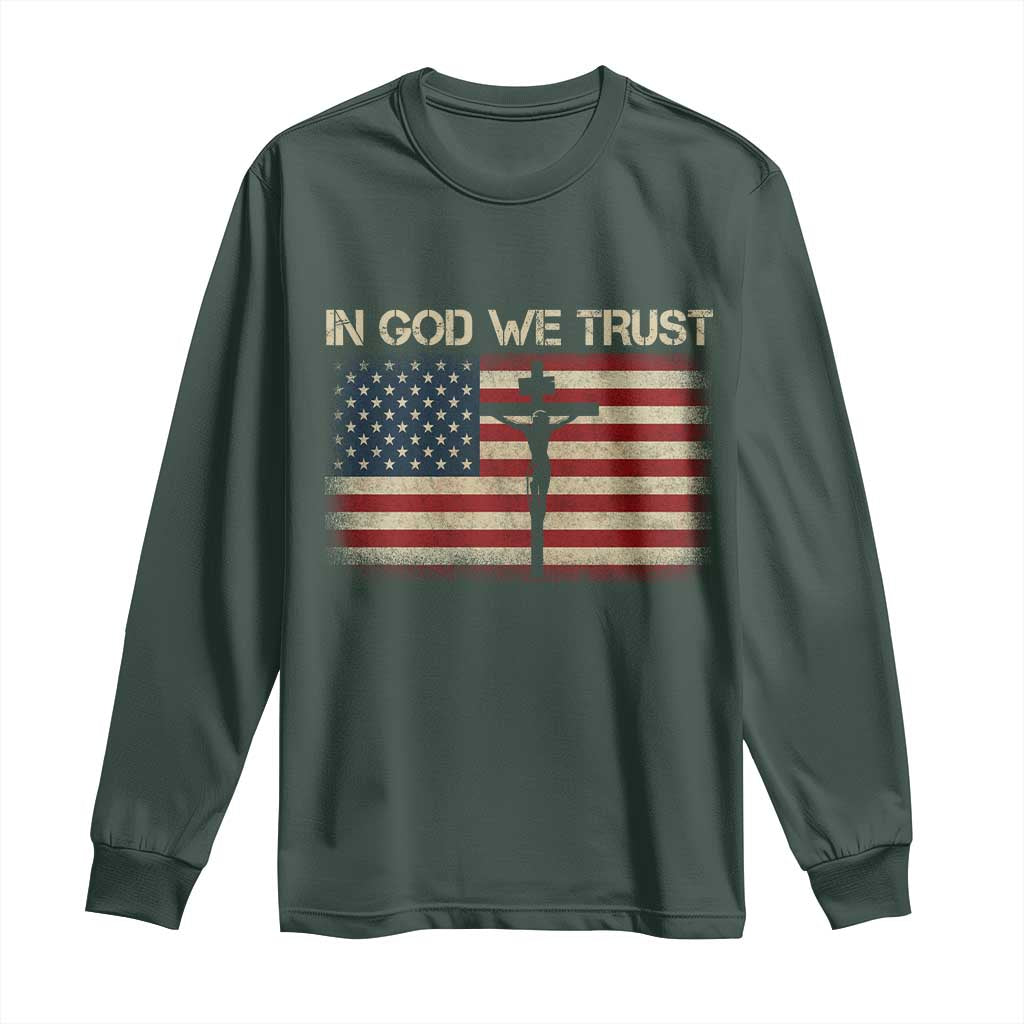 Christian USA Flag Long Sleeve Shirt American Christ Faith Cross Patriotic In God We Trust TS10 Dark Forest Green Print Your Wear