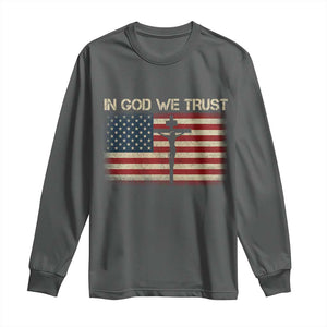 Christian USA Flag Long Sleeve Shirt American Christ Faith Cross Patriotic In God We Trust TS10 Dark Heather Print Your Wear