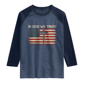 Christian USA Flag Raglan Shirt American Christ Faith Cross Patriotic In God We Trust TS10 Heather Denim Navy Print Your Wear
