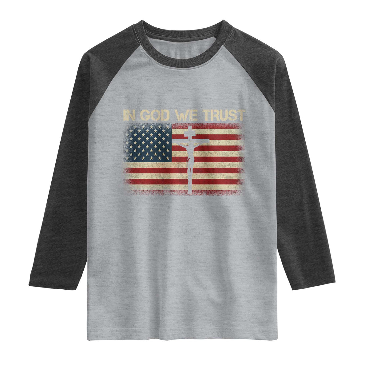 Christian USA Flag Raglan Shirt American Christ Faith Cross Patriotic In God We Trust TS10 Heather Gray Heather Charcoal Print Your Wear