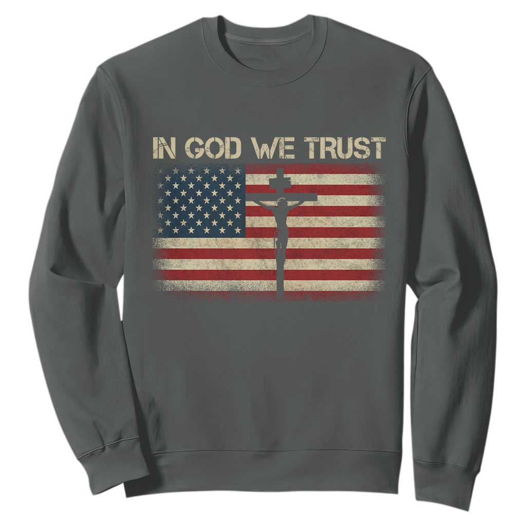 Christian USA Flag Sweatshirt American Christ Faith Cross Patriotic In God We Trust TS10 Dark Heather Print Your Wear