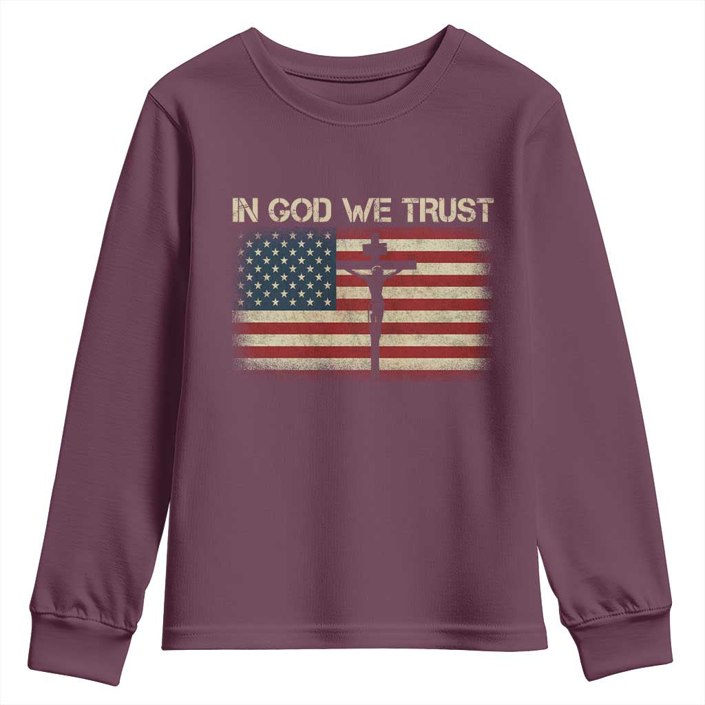 Christian USA Flag Youth Sweatshirt American Christ Faith Cross Patriotic In God We Trust TS10 Maroon Print Your Wear