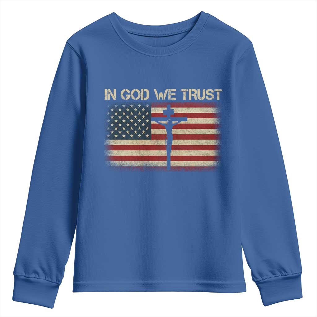 Christian USA Flag Youth Sweatshirt American Christ Faith Cross Patriotic In God We Trust TS10 Royal Blue Print Your Wear