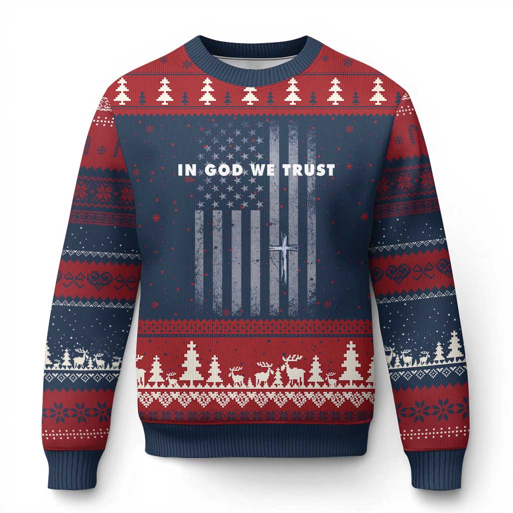 USA Flag Religious Quote Ugly Christmas Sweater In God We Trust American Patriotic Faith 4th of July Cross TS10 Navy Red Print Your Wear