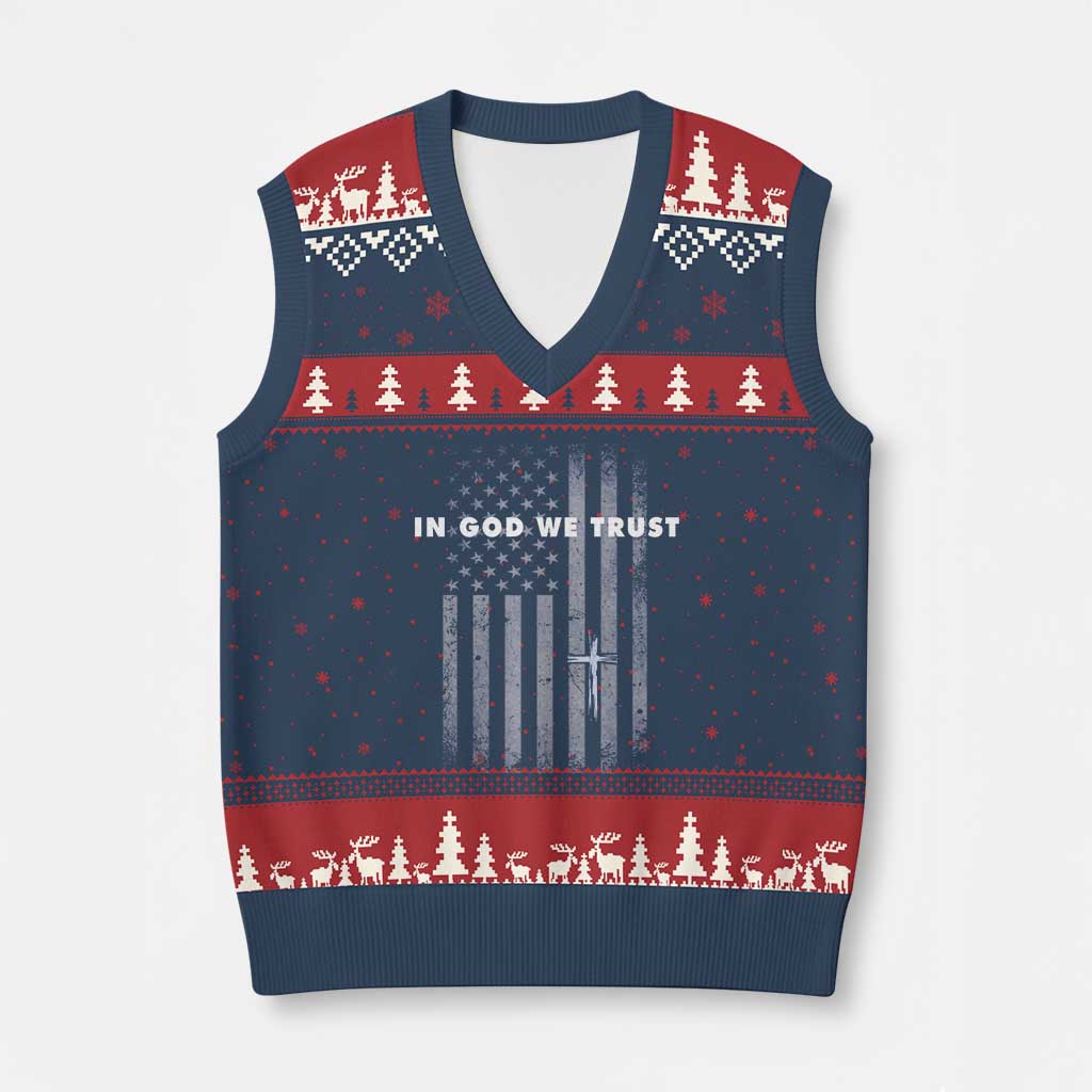 USA Flag Religious Quote V-Neck Knit Sweater Vest In God We Trust American Patriotic Faith 4th of July Cross TS10 Navy Red Print Your Wear