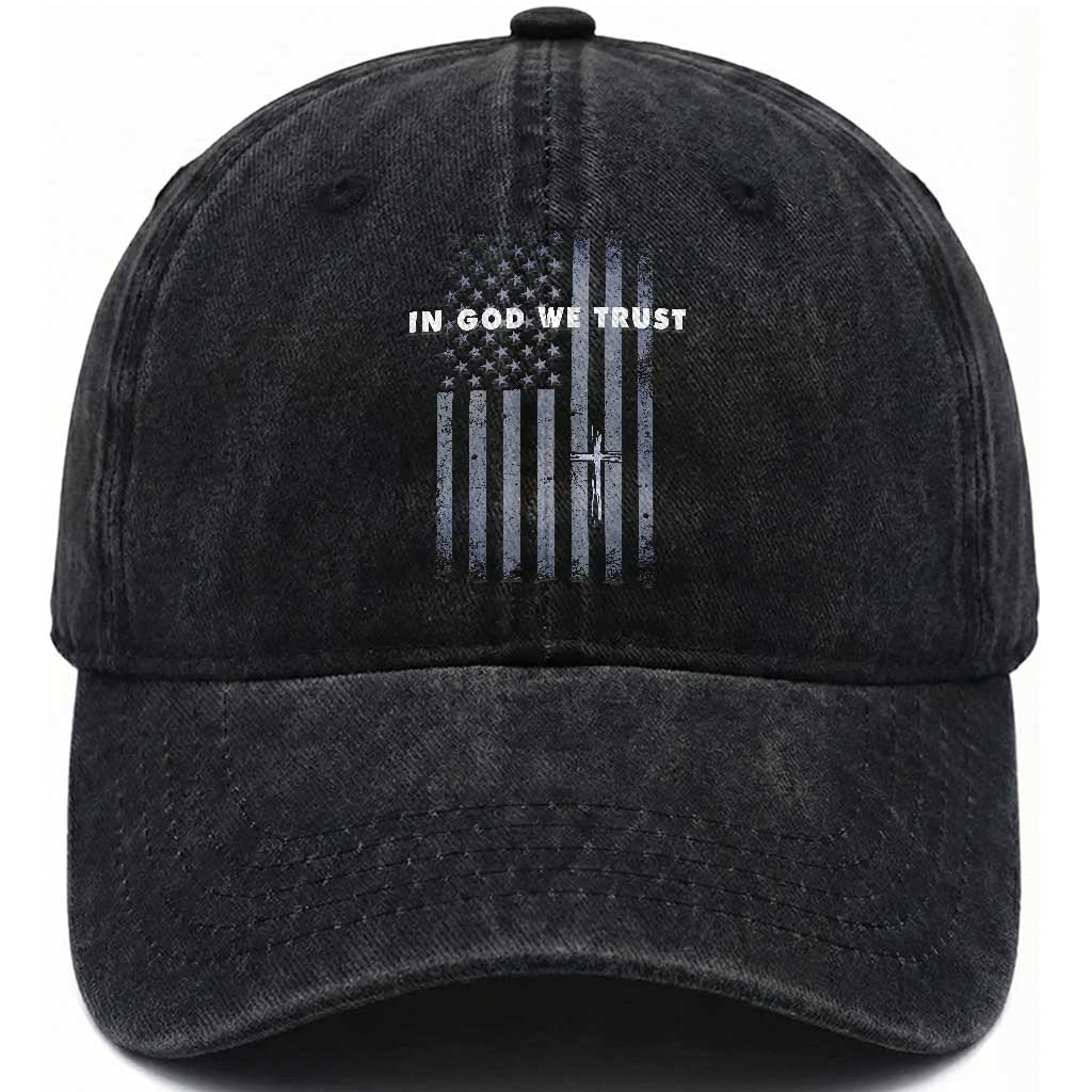 USA Flag Religious Quote Washed Cotton Baseball Cap In God We Trust American Patriotic Faith 4th of July Cross TS10 Print Your Wear