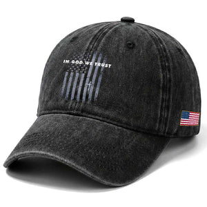 USA Flag Religious Quote Washed Cotton Baseball Cap In God We Trust American Patriotic Faith 4th of July Cross TS10 Print Your Wear
