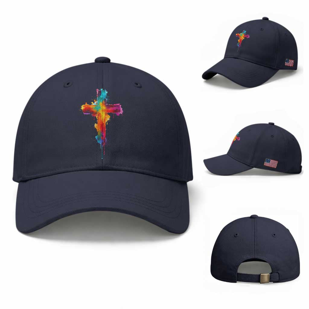 Faith Cross Baseball Cap Christian Believe Blessed By God Colorful Watercolor Graphic TS10 Baseball Cap Universal Fit Navy Print Your Wear