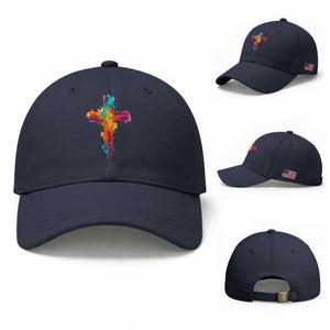 Faith Cross Baseball Cap Christian Believe Blessed By God Colorful Watercolor Graphic TS10 Baseball Cap Universal Fit Navy Print Your Wear