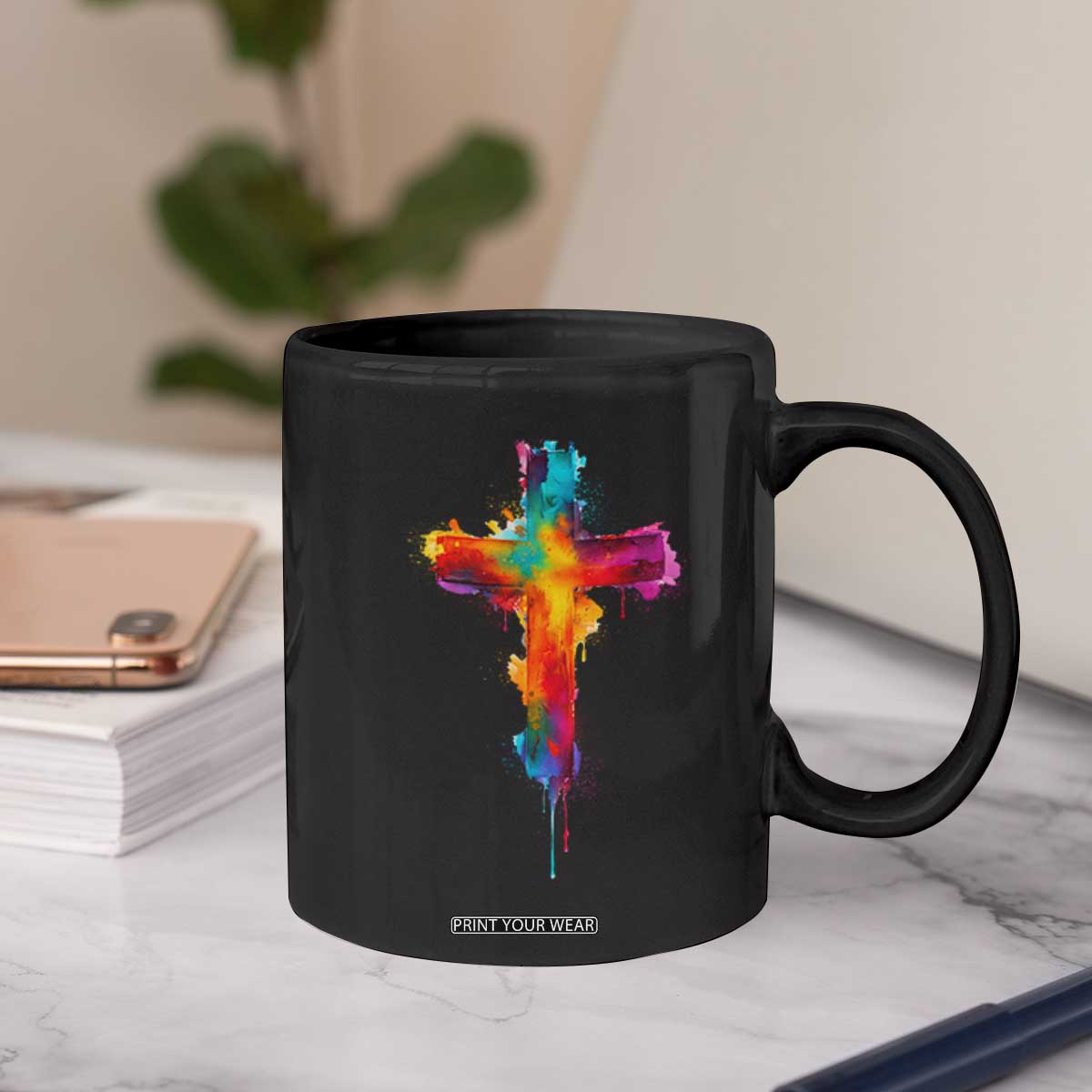 Faith Cross Coffee Mug Christian Believe Blessed By God Colorful Watercolor Graphic TS10 Print Your Wear