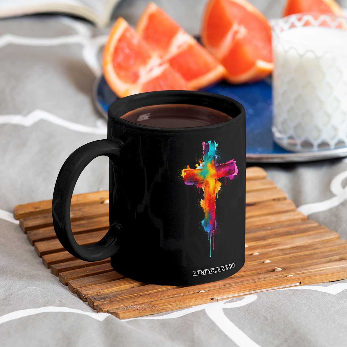 Faith Cross Coffee Mug Christian Believe Blessed By God Colorful Watercolor Graphic TS10 Print Your Wear