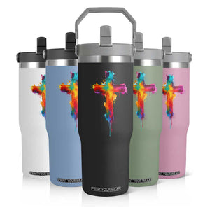 Faith Cross Flip Straw Tumbler Christian Believe Blessed By God Colorful Watercolor Graphic TS10 Print Your Wear