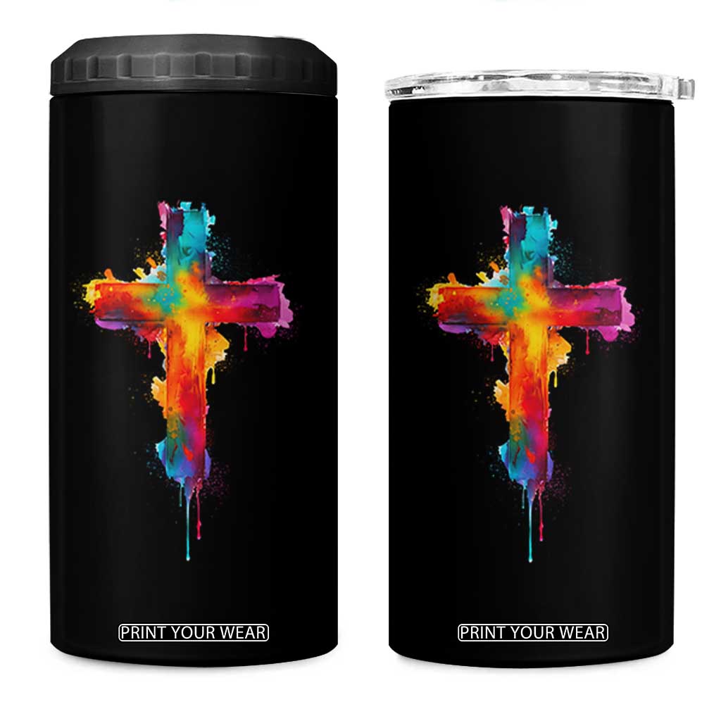 Faith Cross 4 in 1 Can Cooler Tumbler Christian Believe Blessed By God Colorful Watercolor Graphic TS10 One Size: 16 oz Black Print Your Wear