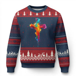 Faith Cross Ugly Christmas Sweater Christian Believe Blessed By God Colorful Watercolor Graphic TS10 Navy Red Print Your Wear