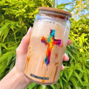 Faith Cross Glass Can Christian Believe Blessed By God Colorful Watercolor Graphic TS10 Black Print Your Wear