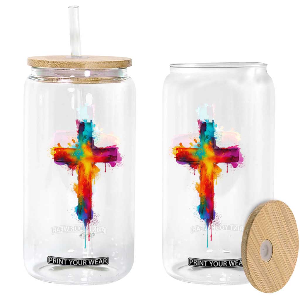Faith Cross Glass Can Christian Believe Blessed By God Colorful Watercolor Graphic TS10 Print Your Wear