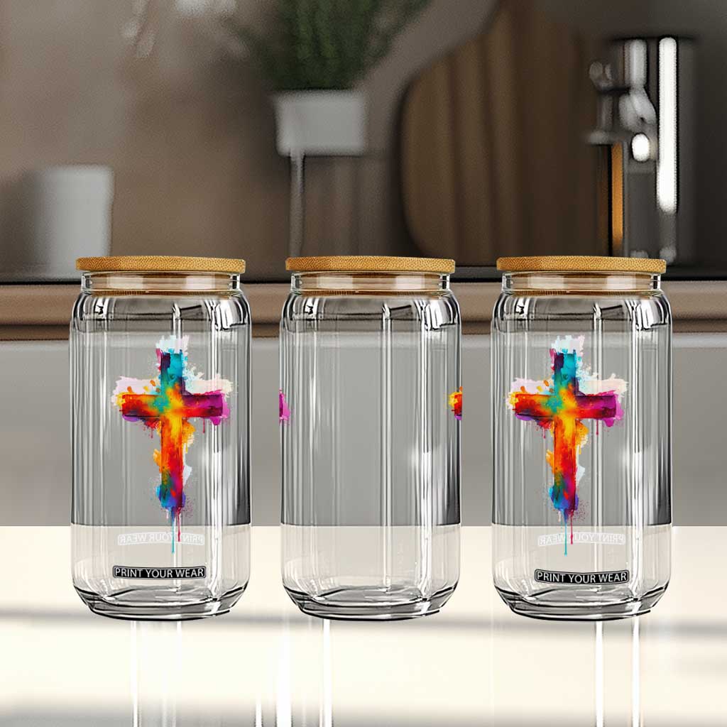 Faith Cross Glass Can Christian Believe Blessed By God Colorful Watercolor Graphic TS10 Print Your Wear