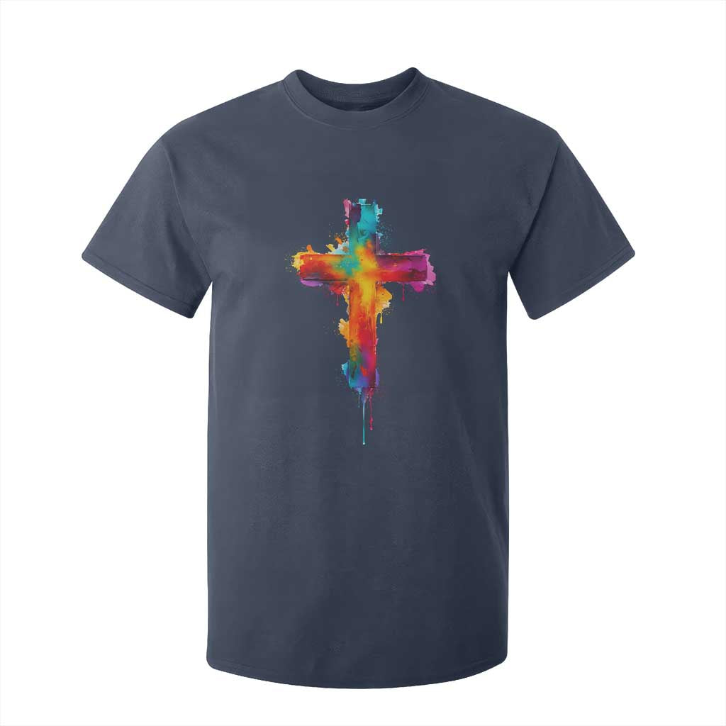 Faith Cross T Shirt For Kid Christian Believe Blessed By God Colorful Watercolor Graphic TS10 Navy Print Your Wear