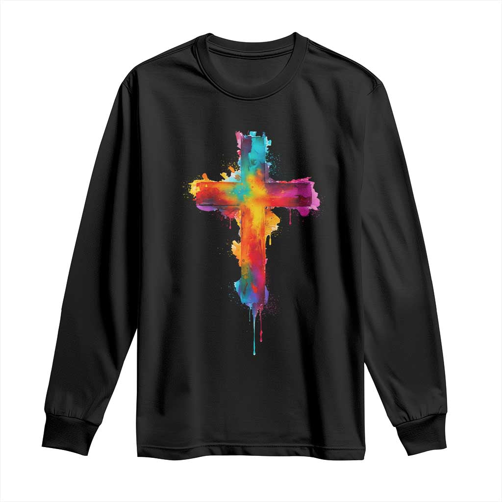 Faith Cross Long Sleeve Shirt Christian Believe Blessed By God Colorful Watercolor Graphic TS10 Black Print Your Wear