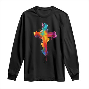 Faith Cross Long Sleeve Shirt Christian Believe Blessed By God Colorful Watercolor Graphic TS10 Black Print Your Wear