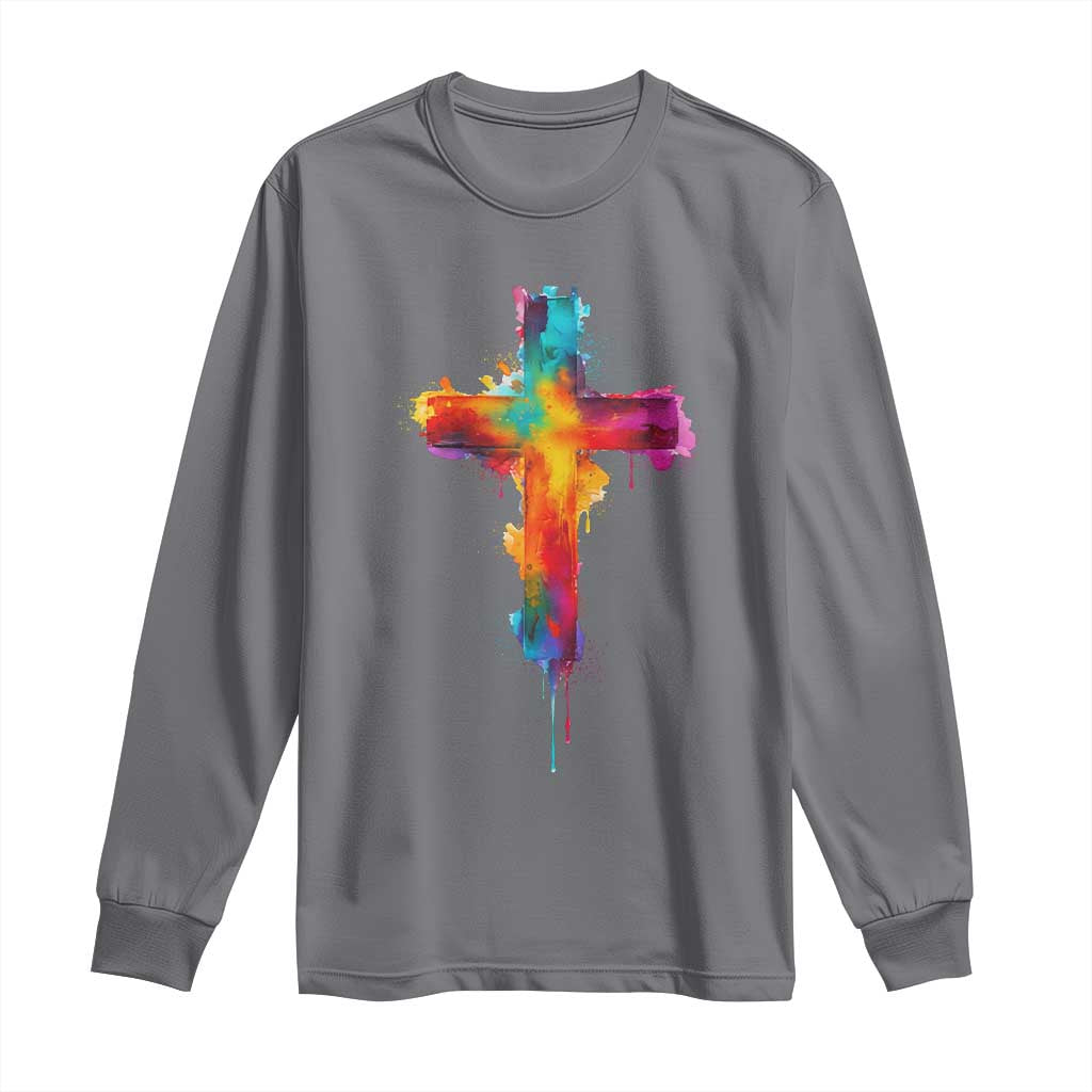 Faith Cross Long Sleeve Shirt Christian Believe Blessed By God Colorful Watercolor Graphic TS10 Charcoal Print Your Wear