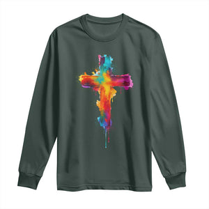 Faith Cross Long Sleeve Shirt Christian Believe Blessed By God Colorful Watercolor Graphic TS10 Dark Forest Green Print Your Wear