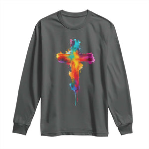 Faith Cross Long Sleeve Shirt Christian Believe Blessed By God Colorful Watercolor Graphic TS10 Dark Heather Print Your Wear