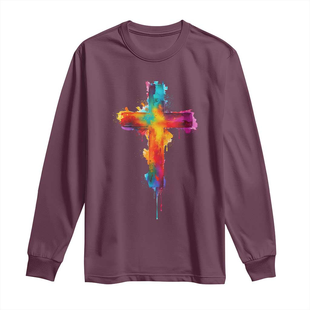 Faith Cross Long Sleeve Shirt Christian Believe Blessed By God Colorful Watercolor Graphic TS10 Maroon Print Your Wear