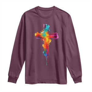 Faith Cross Long Sleeve Shirt Christian Believe Blessed By God Colorful Watercolor Graphic TS10 Maroon Print Your Wear