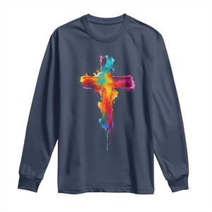 Faith Cross Long Sleeve Shirt Christian Believe Blessed By God Colorful Watercolor Graphic TS10 Navy Print Your Wear