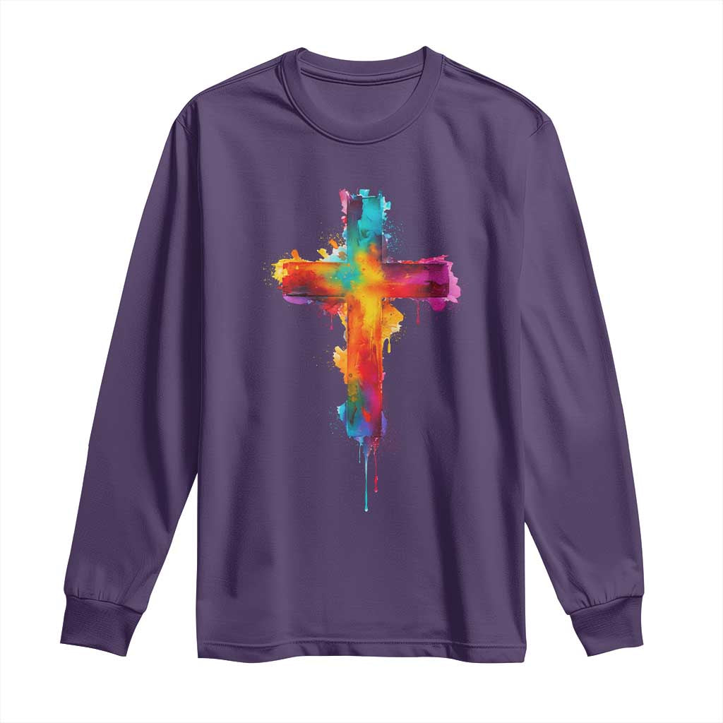 Faith Cross Long Sleeve Shirt Christian Believe Blessed By God Colorful Watercolor Graphic TS10 Purple Print Your Wear