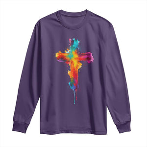 Faith Cross Long Sleeve Shirt Christian Believe Blessed By God Colorful Watercolor Graphic TS10 Purple Print Your Wear