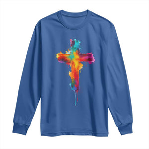 Faith Cross Long Sleeve Shirt Christian Believe Blessed By God Colorful Watercolor Graphic TS10 Royal Blue Print Your Wear