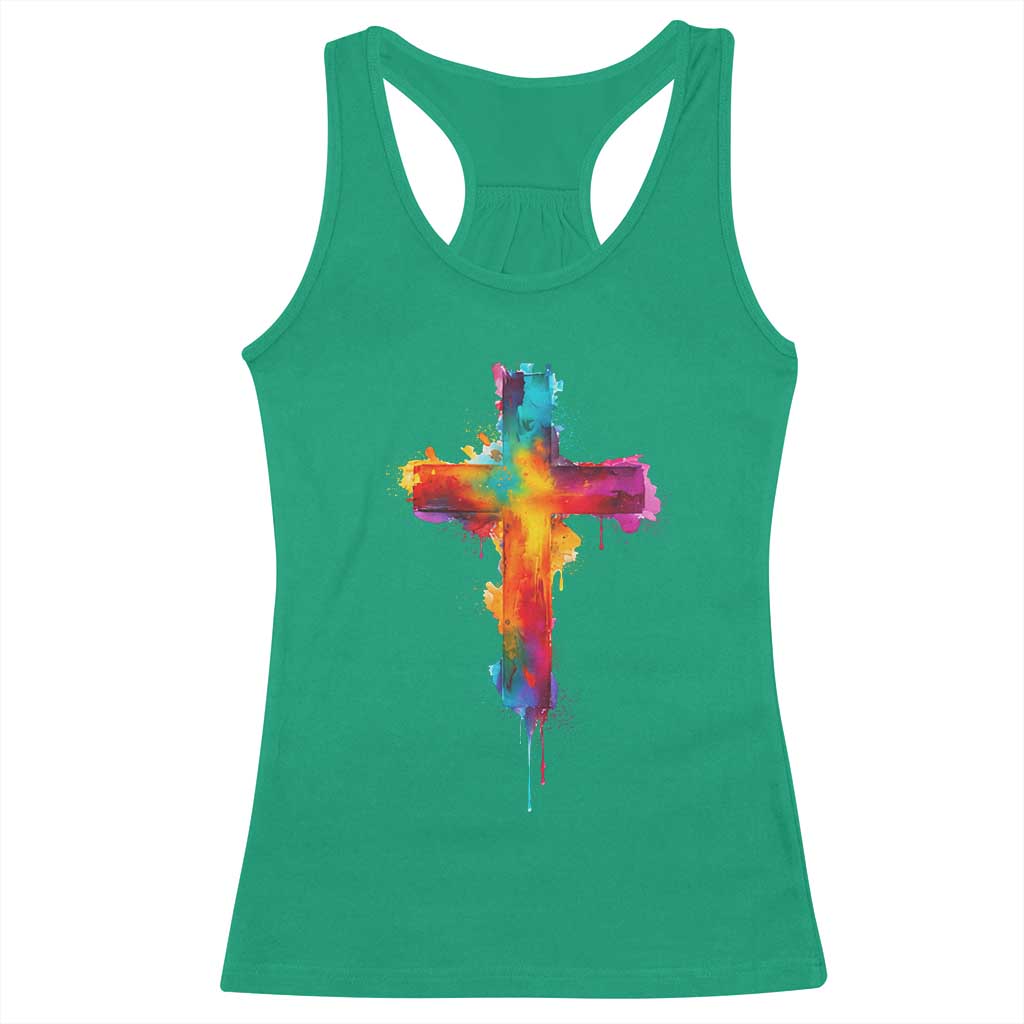 Faith Cross Racerback Tank Top Christian Believe Blessed By God Colorful Watercolor Graphic TS10 Irish Green Print Your Wear