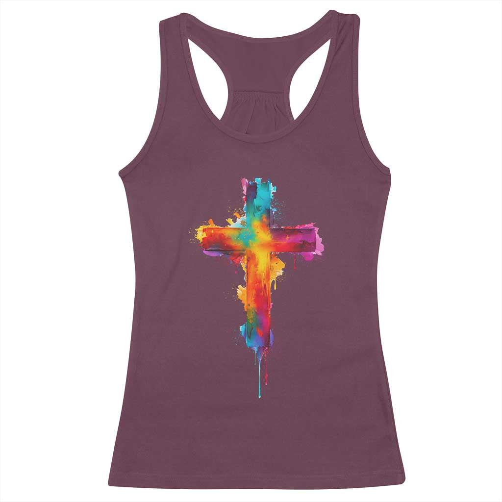 Faith Cross Racerback Tank Top Christian Believe Blessed By God Colorful Watercolor Graphic TS10 Maroon Print Your Wear