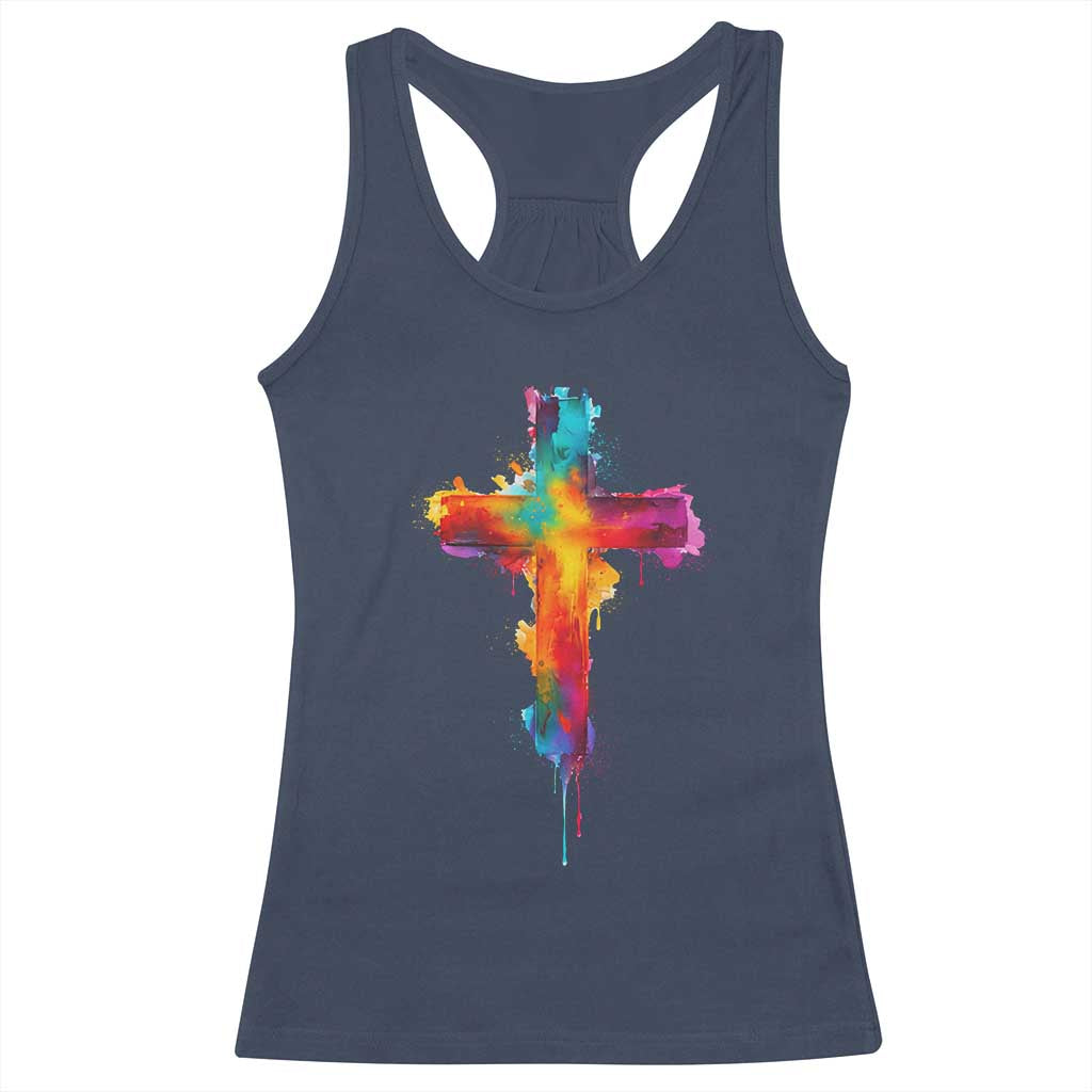 Faith Cross Racerback Tank Top Christian Believe Blessed By God Colorful Watercolor Graphic TS10 Navy Print Your Wear